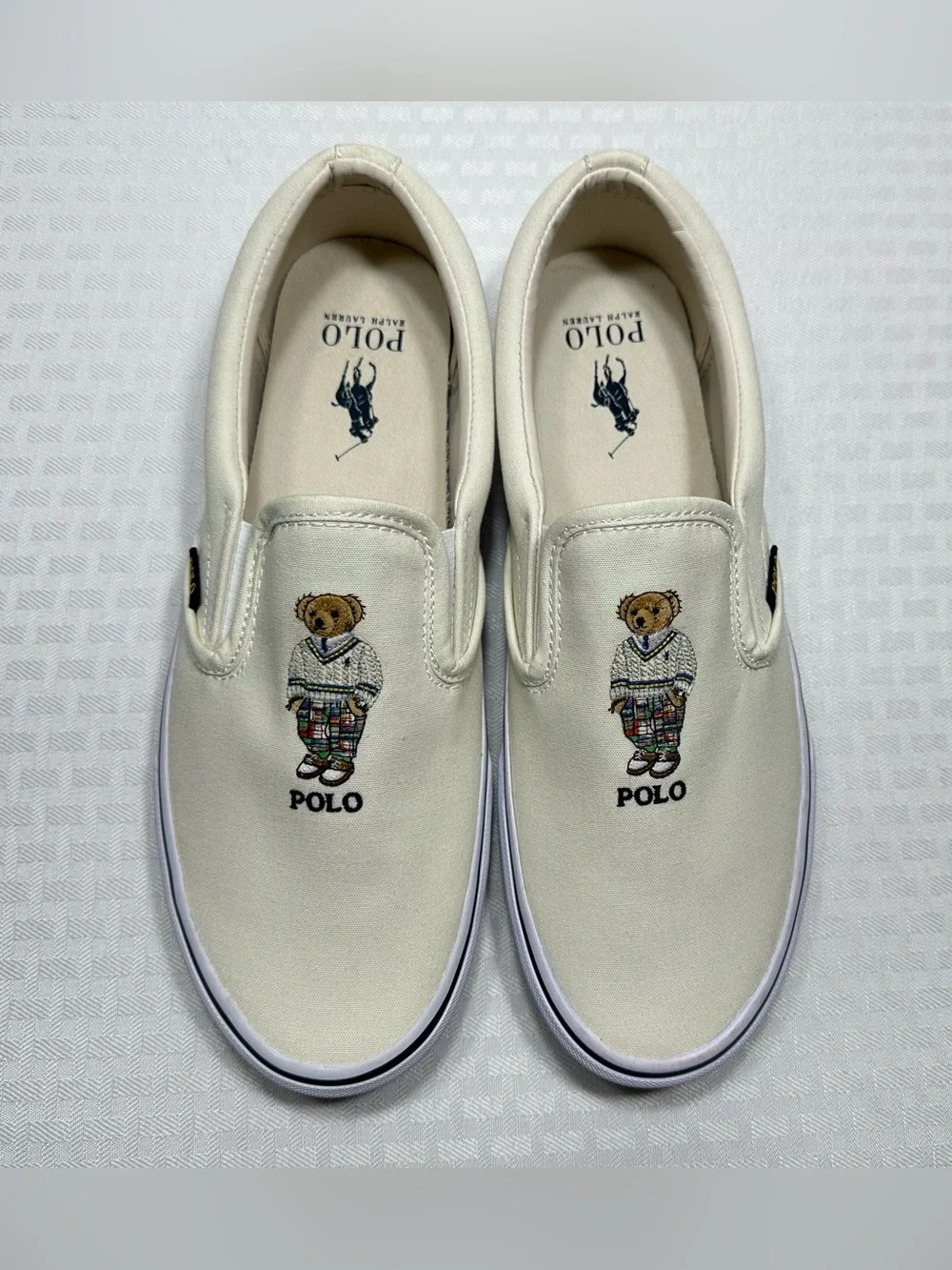 Polo Ralph Lauren Keaton Slip-On Bear Men's 10 Canvas Cream Sneaker Shoes EXC!